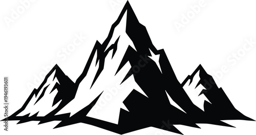 Black and white mountain range silhouette vector, sharp alpine peaks landscape illustration, minimalist outdoor adventure emblem isolated on white background