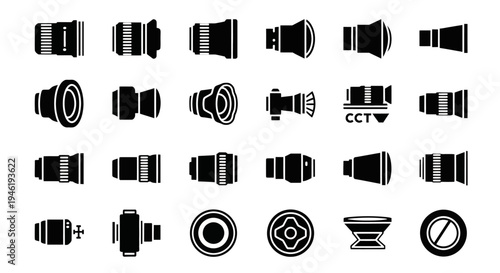 Camera lens icons, photography symbols, black and white vector graphics, 20 camera lens illustrations