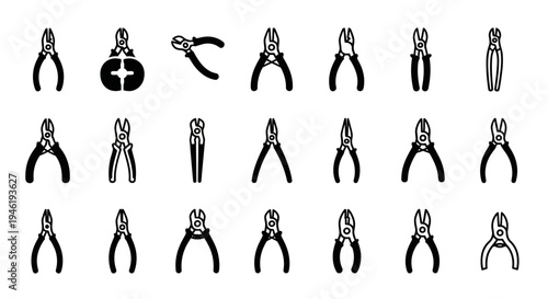 Pliers icons, dental tools, medical instruments, black and white vector set