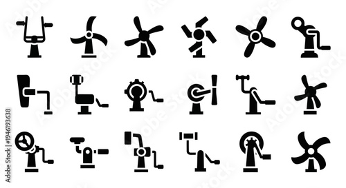 Industrial Fan Icons, Black Silhouette Symbols, 20 Industrial Blower Graphics, Vector Fan Signs
