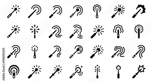 25 Black Magic Wand Icons, Vector Graphics, Sparkling Effects, Wizard Symbols