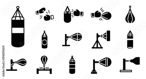 Boxing, fitness icons, sport, gym, vector graphics, 20 black silhouette symbols