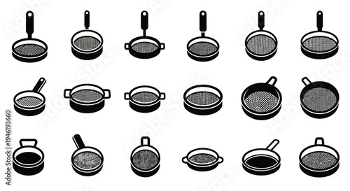 Black and white frying pan icons, kitchen cookware symbols, vector illustration set, 20 pans