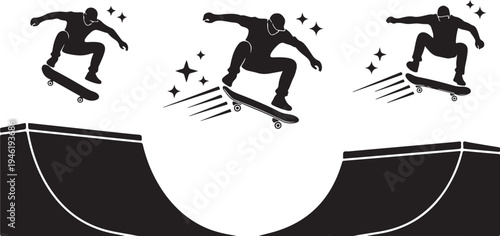 Skateboarder in Motion Silhouette Against White Background with Stars