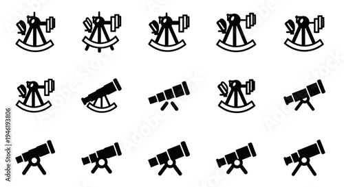 Collection of Telescope and Astrolabe Icons, representing scientific instruments for observation and navigation, suitable for educational or astronomical themes
