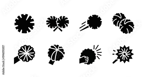 Set of eight black and white icons representing pom-poms in various dynamic poses, conveying energy and movement, perfect for sports and cheerleading themes