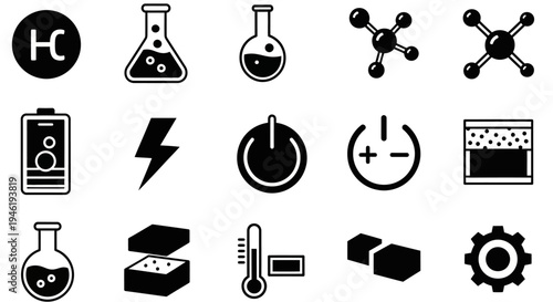 Icon Set Featuring Science, Technology, Energy, and Industry Symbols Flasks, Molecules, Batteries, Power, Temperature, Gears, and More