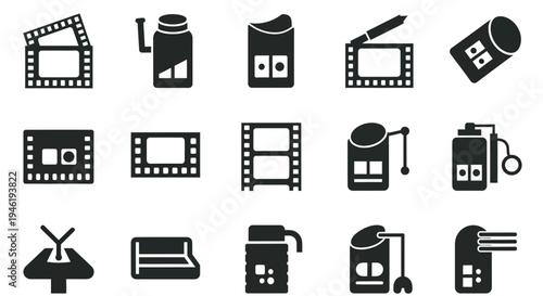 Collection of film reels, canisters, and movie-making equipment icons representing the art of cinema and visual storytelling