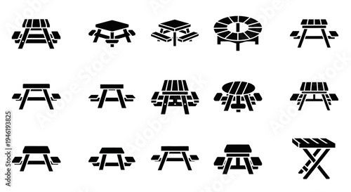 Set of various picnic table icons, including round, hexagonal, and rectangular designs for outdoor seating and dining