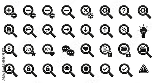 A comprehensive collection of diverse magnifying glass icons representing search, zoom, analysis, and discovery in digital interfaces and conceptual applications