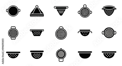 Versatile kitchen cooking and straining tool icons. Minimalist set of pots, pans, colanders, and strainers for culinary graphic design