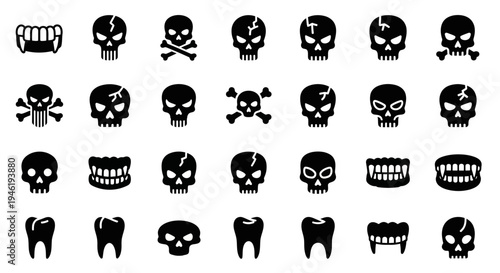 Comprehensive set of monochrome vector icons spooky skulls, human teeth, and sharp vampire fangs, ideal for Halloween, gothic, or dental-themed graphic design projects and applications