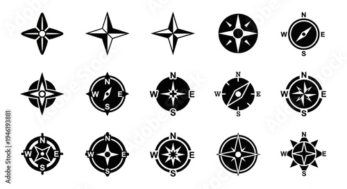 A versatile collection of stylized compass rose icons, showcasing diverse navigation concepts and directional symbols for mapping, travel, and adventure, ideal for graphic design