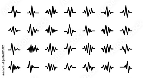 Collection of diverse black line icons depicting various dynamic pulse and wave patterns, suitable for technology, medical, or audio-related design projects