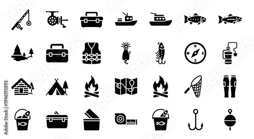 Comprehensive vector icon set for outdoor recreation, featuring fishing gear, camping equipment, and wilderness tools. Ideal for illustrating nature adventures and leisure activities