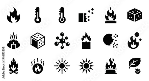 Essential vector icons illustrating concepts of heat, fire, temperature, and energy; featuring flames, suns, burning objects, and thermal indicators for various design applications