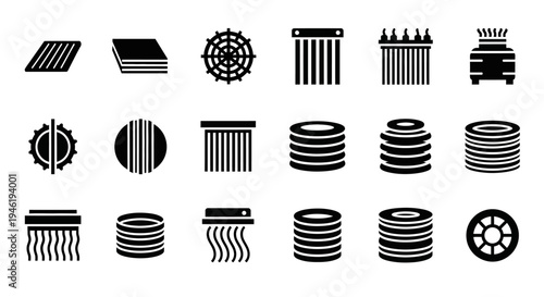 A diverse collection of abstract black and white graphic icons featuring various geometric patterns, radial designs, and stacked elements for modern digital interface and data visualization