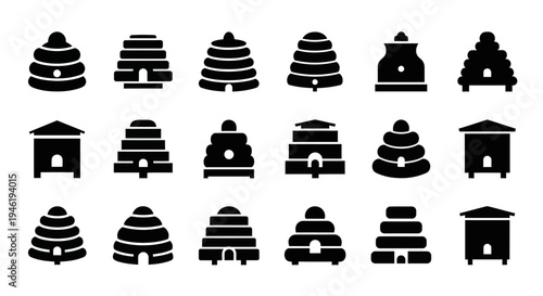 Diverse collection of stylized beehive icons, ideal for illustrating apiary operations, honey production, and beekeeping concepts with modern graphic appeal