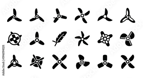 Vector icon collection demonstrating the concept of air movement, showcasing fan blades, propellers, and aerodynamic forms for ventilation and propulsion systems