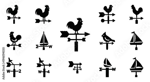 Diverse Collection of Classic Weather Vane and Wind Direction Indicator Black Silhouette Icons Featuring Roosters, Birds, and Sailboats, Ideal for Nautical and Farm-Themed Graphic Design Projects