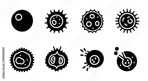 Diverse set of black silhouette vector icons showcasing microscopic organisms, cells, and pathogens, illustrating various forms and stages for scientific research and health education materials