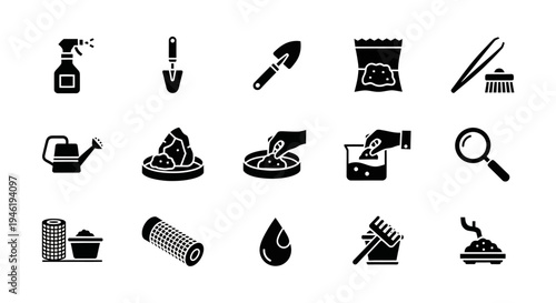 Comprehensive Collection of Horticulture and Plant Cultivation Icons Essential Tools and Accessories for Gardening, Planting, and Care