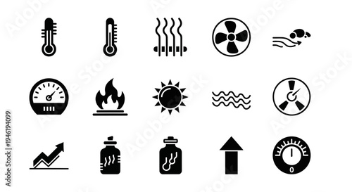 Essential black silhouette icons for climate control, temperature, weather, energy, and measurement. Ideal for graphic design, user interfaces, and data visualization applications