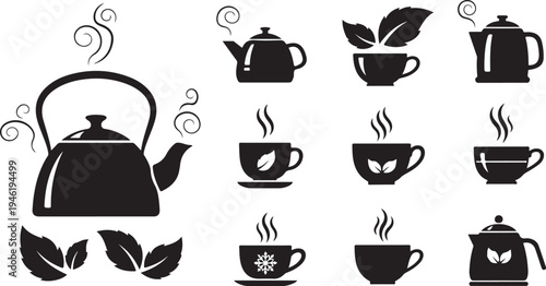 Tea Time Icons with Kettle and Cups Silhouettes Collection