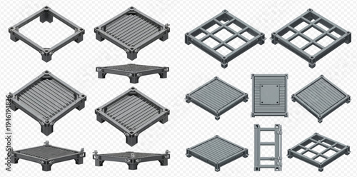 Isometric set of metal grates, platforms, and manholes for industrial or construction design elements.