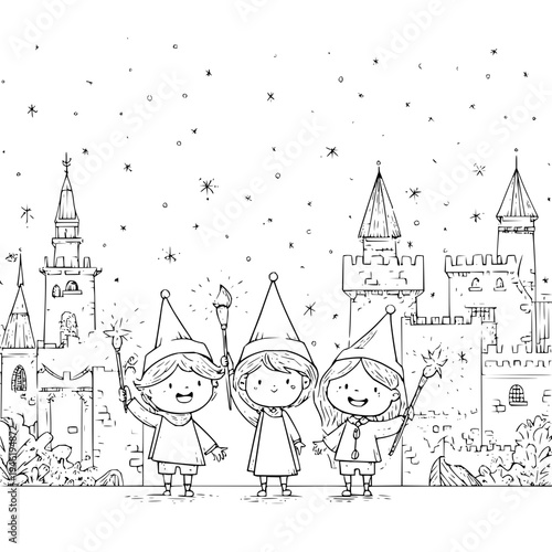 Whimsical children in wizard hats and robes holding magic wands stand happily in front of a fairytale castle with sparkling stars in the sky evoking a sense of wonder imagination