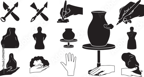 Pottery and sculpting tools and techniques illustration set