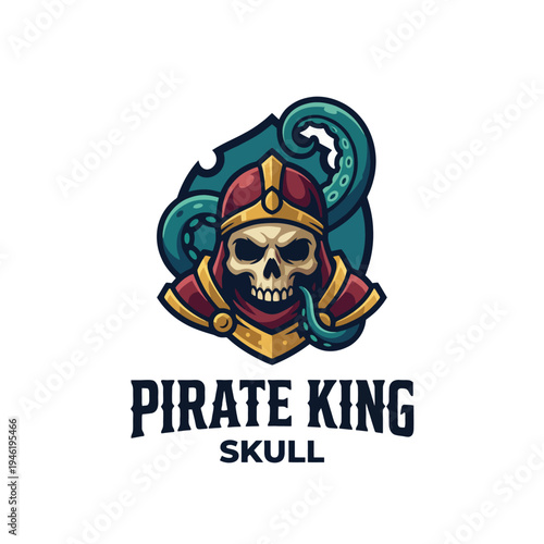 This striking image features a skull adorned with a pirate king's helmet, entwined by a menacing octopus, representing adventure, danger, and the allure of the sea's mysteries.