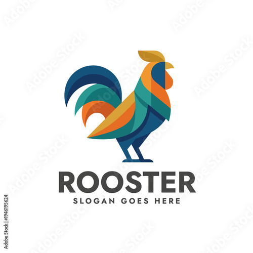 The image showcases a colorful rooster in a modern design, representing vitality and optimism, making it ideal for branding in the agricultural or culinary sectors.