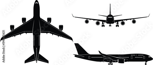 Commercial airplane silhouette set, top front and side view passenger aircraft isolated on white background vector illustration