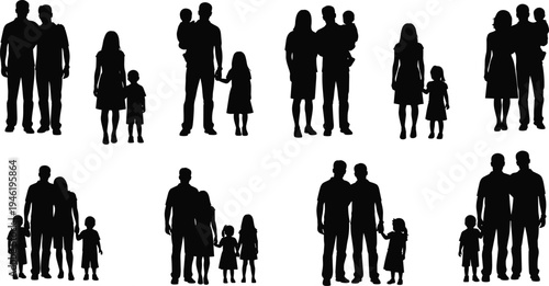 Family silhouette collection set, parents with children standing walking holding hands vector illustration isolated on white background