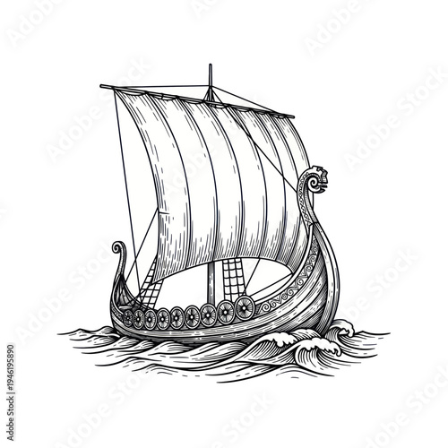 Viking Longship Sailing on Waves Hand Drawn Illustration.