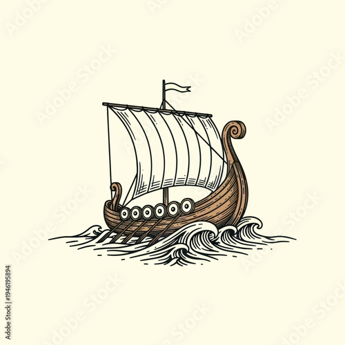 Viking Longship Sailing on Waves Hand Drawn Illustration.