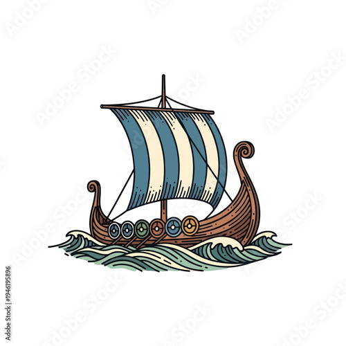 Viking Longship Sailing on Waves Historical Nautical Vessel.