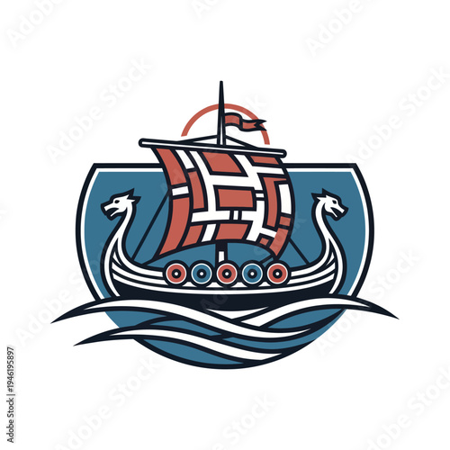 Viking longship sailing on waves with a red and white striped sail.