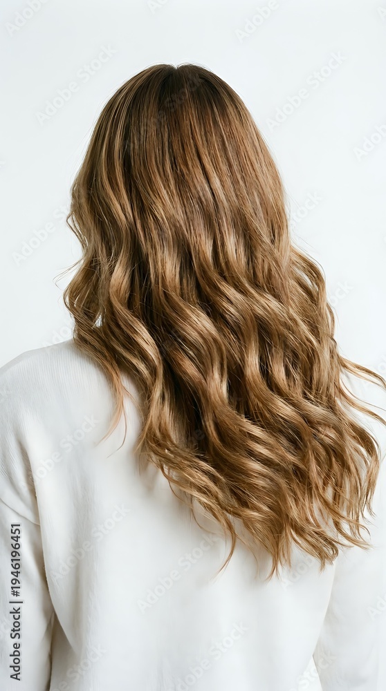 Fototapeta premium Woman with long wavy brown hair with blonde highlights wearing white sweater from behind showing healthy hair texture and natural waves.