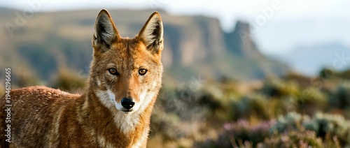 Wild coyote portrait in natural desert habitat with mountain landscape background during golden hour lighting for wildlife photography projects.