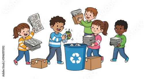 Five happy children of diverse backgrounds diligently sort paper and juice boxes for recycling into a blue bin and cardboard containers.