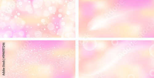 Set of whimsical abstract soft peach pink gradient with glow dust and smooth blur. Ethereal light design with magical mood. Stock vector illustration