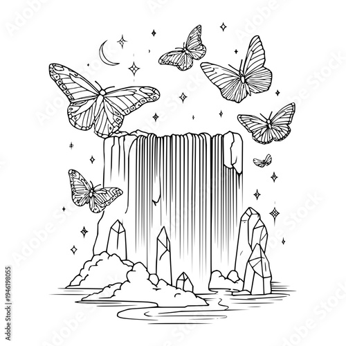 Whimsical line art illustration of a serene waterfall cascading over crystalline rocks surrounded by mystical stars a crescent moon and a collection of delicate fluttering