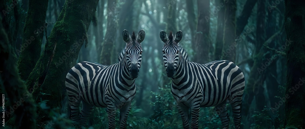 Fototapeta premium Two zebras standing face to face in mystical dark forest with ethereal light beams filtering through dense foliage creating magical atmospheric scene.