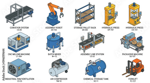Isometric Industrial Machinery and Equipment Collection for Manufacturing.
