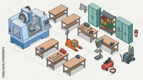 Isometric Industrial Workshop with CNC Machine and Various Tools.