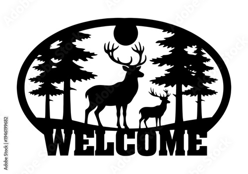 A deer and fawn silhouette welcome sign on transparent background