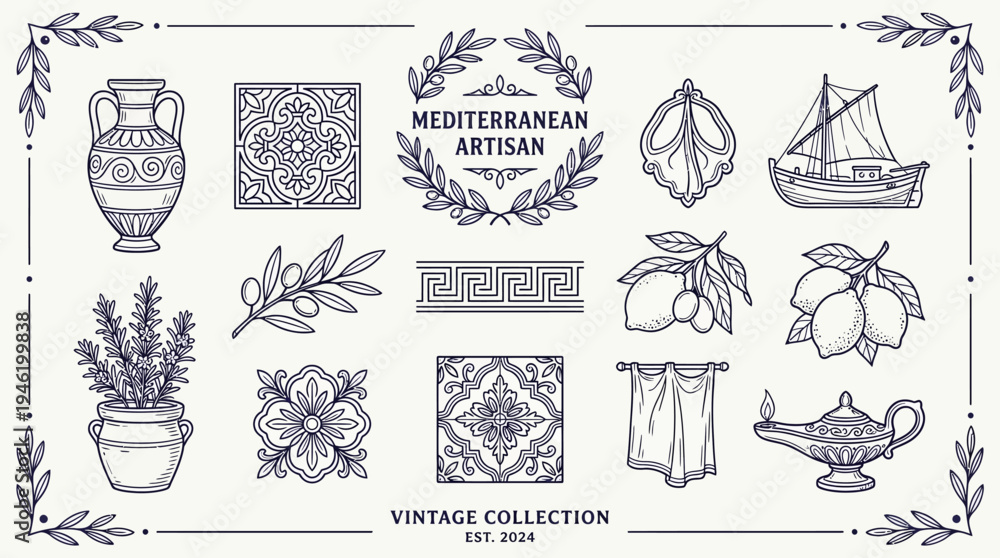 Obraz premium Mediterranean Artisan Vintage Collection with Hand-Drawn Elements.