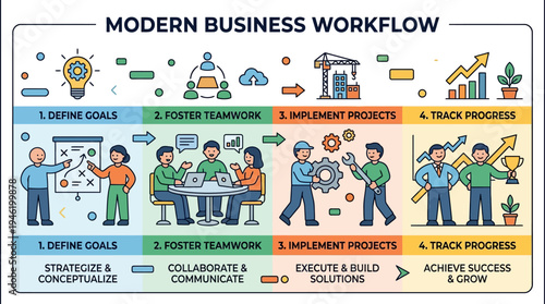 Modern Business Workflow Infographic with People Collaborating and Tracking Progress.